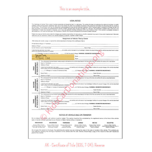 Alaska Certificate of Title (835, 7-04): Reverse | Kids Car Donations